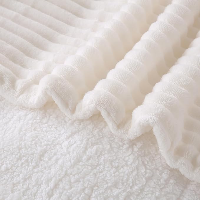 Cream White Sherpa Fleece Throw Blanket 60”×80” for Couch Sofa Bed,Double Side Soft Fuzzy Cozy Plush Thick Flannel Blanket with Striped Design,Gift for Adults,Woman,Girls