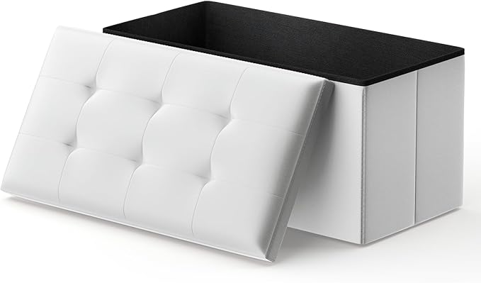 MoNiBloom 30 Inch Storage Ottoman Bench, 24 Gal. Folding Ottoman Footrest, End of Bed Bench, Rectangle Foot Stool, Supports 600 lbs, for Bedroom, Living Room, Entryway, Hallway, White