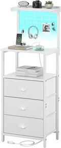 Bedside Tall Nightstands with Charging Station, LED Bedside Table for Bedroom - 3 PU Fabric Drawers, Hooks, USB/Type-C Ports & Open Bedside Storage Shelves, White