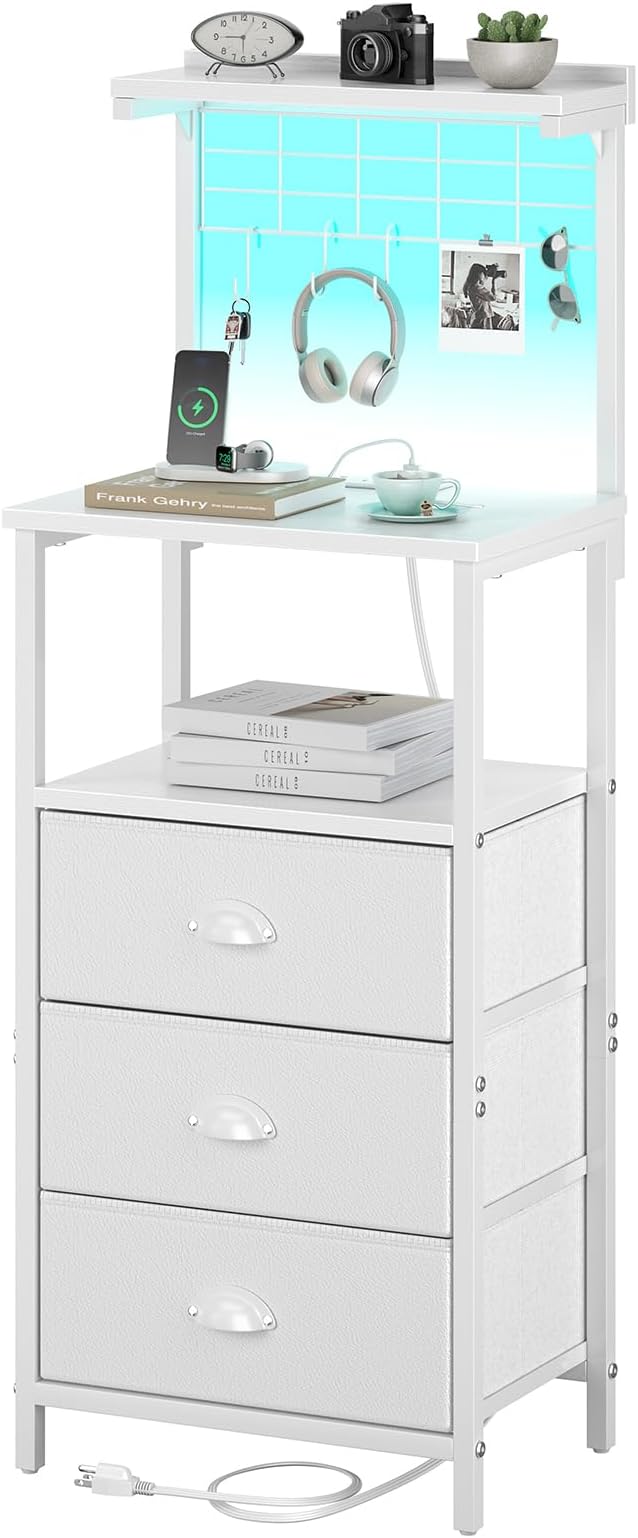 Bedside Tall Nightstands with Charging Station, LED Bedside Table for Bedroom - 3 PU Fabric Drawers, Hooks, USB/Type-C Ports & Open Bedside Storage Shelves, White