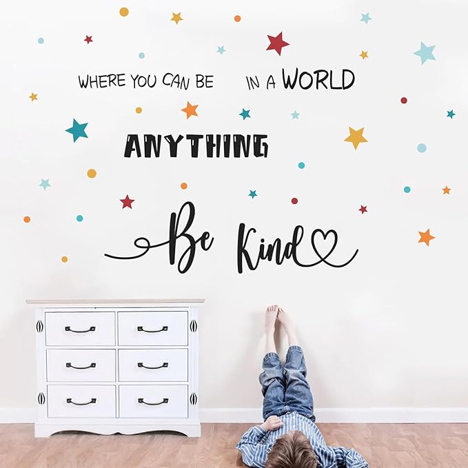 HLNIUC Be Kind Quotes Wall Sticker(35”x12”)In a World Where You Can Be Anything Art Decal,Motivational Sayings Star Wall Decals,Colorful Dots Inspirational Words Room Stickers for Kids Bedroom,Nursery