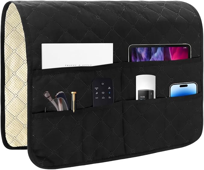 Bedside Caddy for Couch Remote Control Holder Recliner Armrest Organizer Non Slip Sofa Armchair Caddy with 6 Pocket Storage for Magazine, Tablet, Phone, iPad, Black