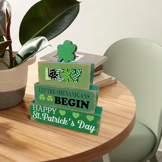 4 Pcs St. Patrick's Day Table Decoration Wooden Lucky Shamrocks Block Signs Happy St. Patrick's Day Table Centerpiece Irish Tiered Tray Decor for Desktop Shelf Mantel Farmhouse Home Decor