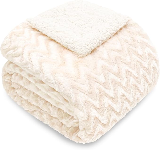 Whale Flotilla Faux Fur Sherpa Throw Blanket for Couch Sofa, Cozy Reversible Fuzzy Fluffy Plush Throws for All Season, Warm and Soft, 50x60 Inch, Ivory