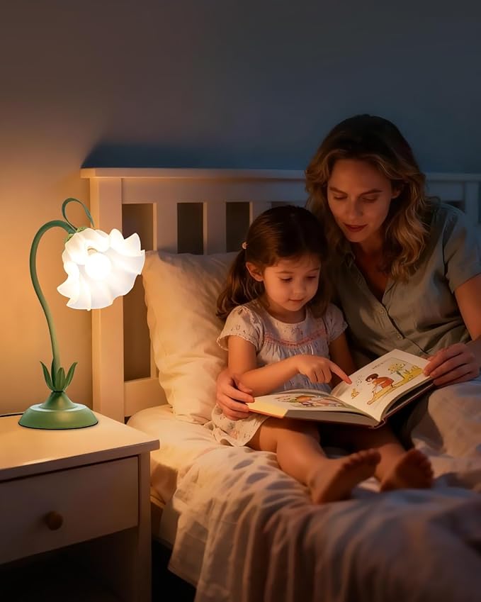 Flower Table Lamp, LED Reading Light Vintage Bedside Table Lamp with 3 Color Modes for Nightstand, Kawaii Decoration for Home Bedroom Living Room (Green)