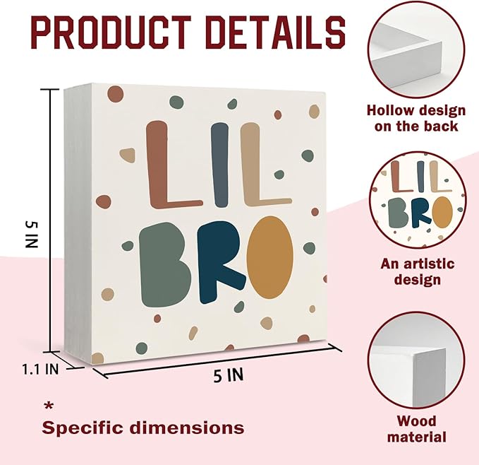 Lacama Boho Boy Nursery Wooden Box Sign, Little Brother Decorations Wood Block Signs, Twin Room Wood Sign for Toddler Boys Room Bedroom Playroom Desk Shelf Wall Decor 5x5 Inches