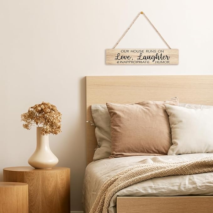 AGMDESIGN Our House Runs On Love Laughter And Inappropriate Humor Wood Sign, Home Wall Decor for Shelf Door, Heartwarming Farmhouse Kitchen Bedroom Hanging Wooden Plaque, New Home Gifts for Friends
