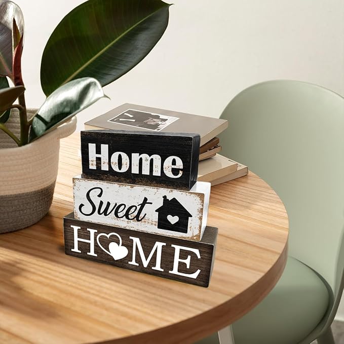 3 Pcs Farmhouse Wood Table Decoration Rustic Home Tiered Tray Decor Wooden Block Sign Retro Housewarming Gift Sweet Home Tabletop Centerpiece for Desk Floating Shelf Mantel