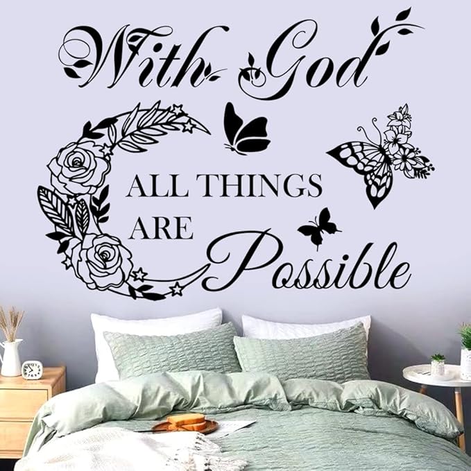 Inspirational God Things are Possible Vinyl Wall Sticker Peel and Stick Quote Bible Sticker Christian Wall Decor Quote Wall Art Stickers for Home Walls Living Room Bedroom Decoration