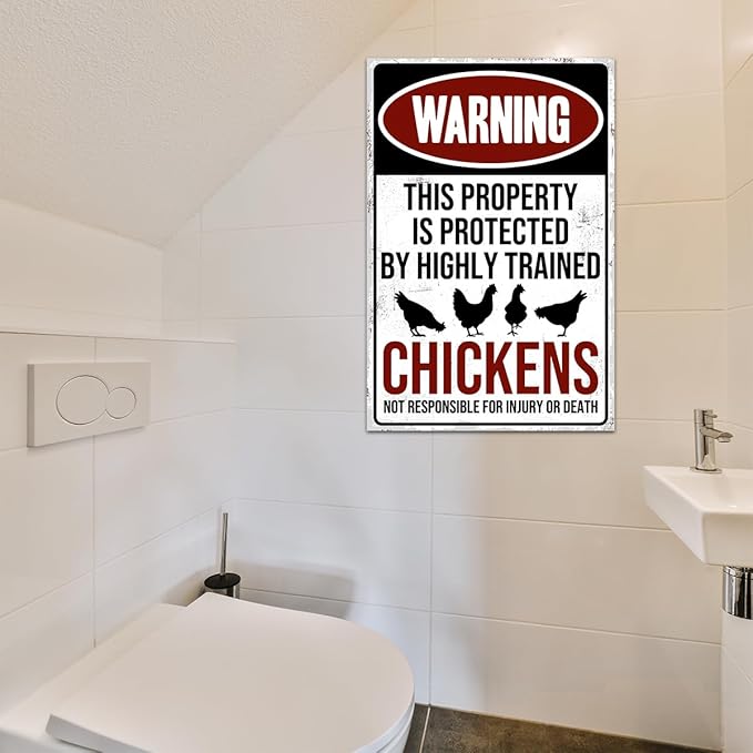 Funny Chicken Coop Sign - "Warning: Property Protected by Chickens" Decorative Metal Tin Sign for Farm Garden 8 x 12 Inch