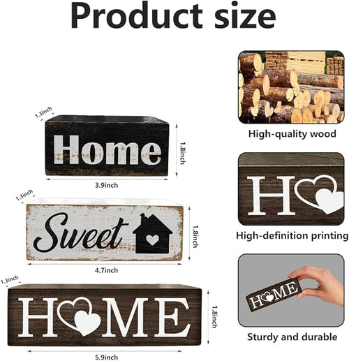 3 Pcs Farmhouse Wood Table Decoration Rustic Home Tiered Tray Decor Wooden Block Sign Retro Housewarming Gift Sweet Home Tabletop Centerpiece for Desk Floating Shelf Mantel