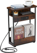 Narrow Side Table With Charging Station, 3-Tier End Table with 2 USB Ports & Power Outlets,Thin Sofa Side Table for Narrow and Small Spaces, Bedside Table Nightstand for Living Room,Rustic Brown