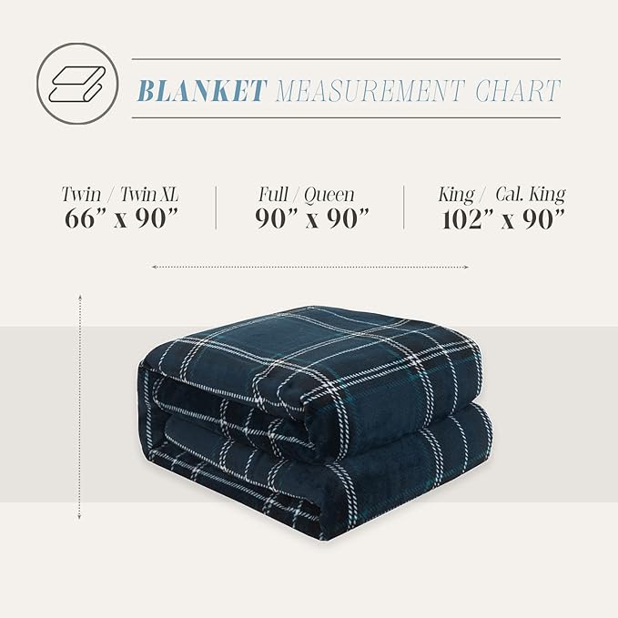 Elegant Comfort Luxury Velvety Feel Blanket, All-Season Lightweight Blanket, Ultra Plush, Soft, Cozy-Fuzzy Flannel Fleece for Couch, Sofa, Bed, Travel, Plaid Design, King/California King, Navy