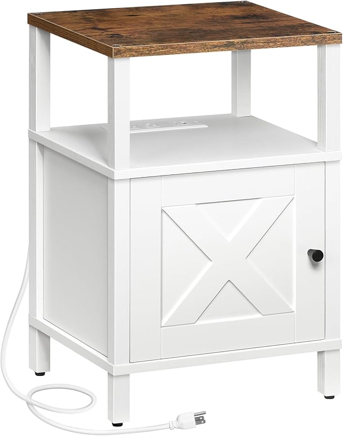 Farmhouse Nightstand with Charging Station, White Bedside Table with USB&Type-C Ports and Outlets, End Table with Storage, Night Stand for Bedroom, White and Rustic Brown ETRW96E01