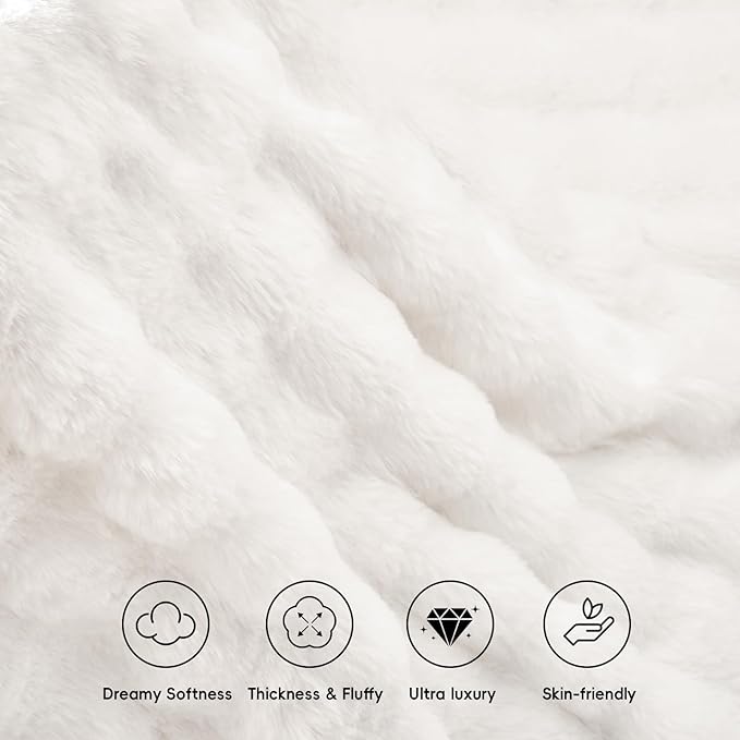 PHF Luxury Faux Rabbit Fur Blanket Twin Size, Ultra Soft Fluffy Plush Cozy Warm Bubble Blanket for Bed, Couch, Chair, Sofa Decorative, Thick Reversible Suitable for Fall & Winter, 60" x 80", White