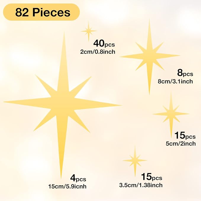 Zonon 82 Pieces Mirror Wall Stickers Star Wall Decals Decor Removable 3D Acrylic Mirror Star Setting Sticker for Ceiling Home Bedroom Living Room Girls Room Decor(Gold)