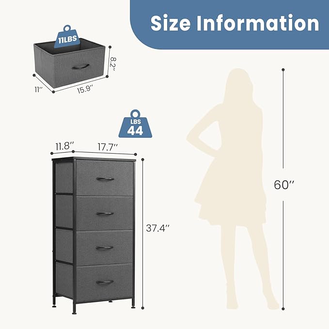 DUMOS Nightstand with 4 Drawers Bedside Table with Removable Fabric Bins Sturdy Steel Frame Wood Top Organizer Furniture for Bedroom Closet Living Room