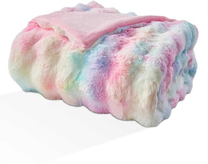 EMME Faux Fur Blanket Queen Size Rainbow - Big Bubble Rabbit Cozy Blanket for Couch, Thick Furry Plush Shaggy Blankets, 650GSM, 90x90 Inches