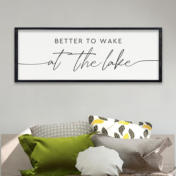 comurdyo Better To Wake At The Lake Above Bed Wall Art Decor 32"×12" for Lake House Bedroom Over Bed Sign Wood Framed Large Wall Hanging (Black)