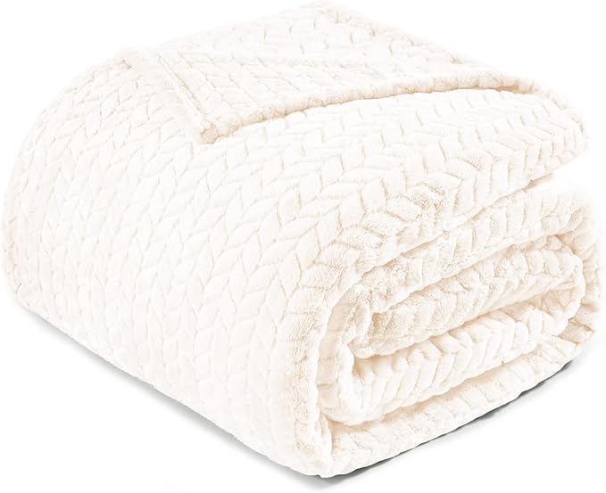 Exclusivo Mezcla Fleece King Size Blanket for Bed, 90x104 Inches Soft Cozy Jacquard Flannel Blankets, Lightweight Fuzzy Plush Warm for Women, Off White