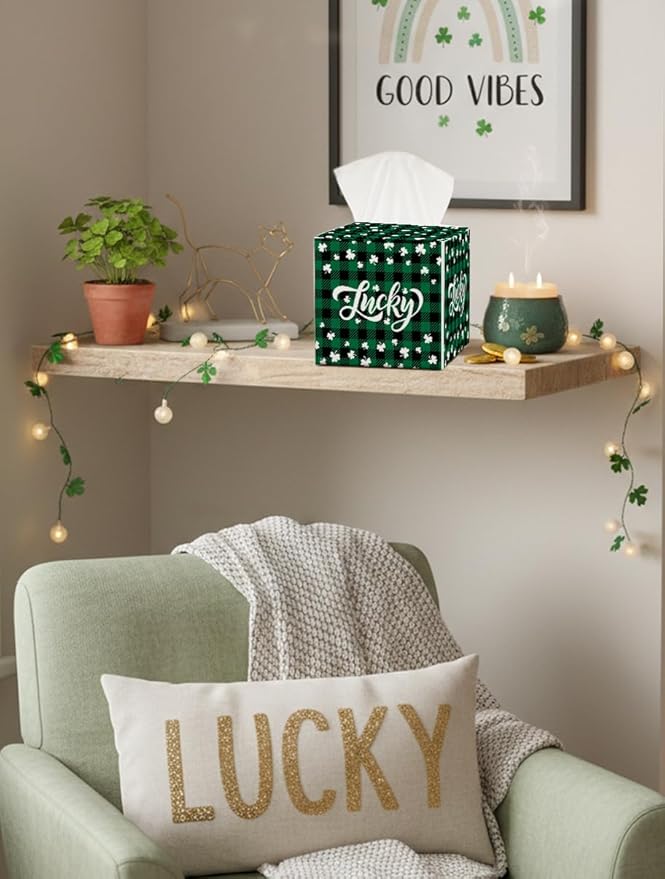 St.Patrick's Day Napkin Tissue Box Cover, Buffalo Plaid Shamrock Lucky Waterproof Leather Paper Organizer Dispenser for Table Dining, Bathroom, Nightstand Vanity, Car, Housewarming Gift Ideas, D
