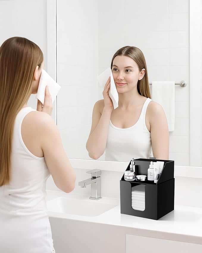Disposable Facial Towels Storage Box Compatible with Clean Skin Club Clean Towel XL - Cotton Pads - Swabs Upgraded Double Layer Acrylic Storage Container Face Towel Holder (Matte Black)