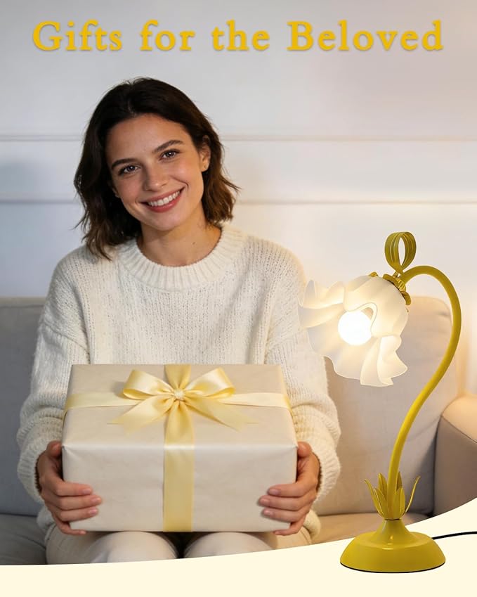 Flower Table Lamp, LED Reading Light Vintage Bedside Table Lamp with 3 Color Modes for Nightstand, Kawaii Decoration for Home Bedroom Living Room (Yellow)