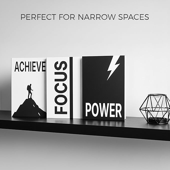 Gifts for Men, Dad, Boss - Motivational Office Desk Decor & Accessories - Black Faux Book Box for Hidden Storage of Cash & Photos - Modern Bookshelf Display (Set of 3, Achieve Focus Power)
