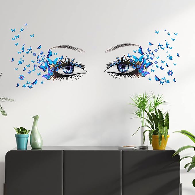 Blue Eyelash Eyes Wall Stickers - 4 Sheets, Premium Matte Vinyl, Butterfly Decals, Waterproof, for Women Girls Bedroom Living Room Decoration