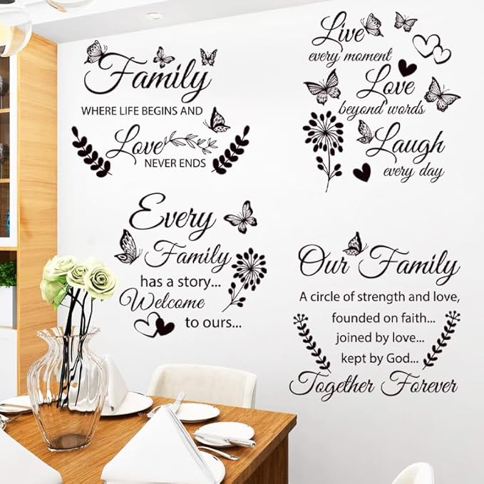 4 Set Family Stickers Vinyl Quote Decals Family Lettering Decals Inspirational Saying Stickers Wall Decor for Living Bedroom Wall Decorations