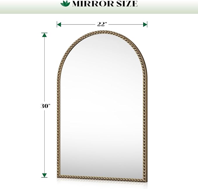 Beaded Arched Mirror for Wall, 22"x30" Gold Arch Bathroom Vanity Mirror, Retro Brass Metal Frame Decorative Mirror for Bedroom Dressing Room Entryway Fireplace
