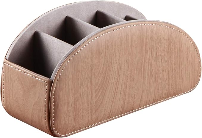 Ayunga PU Leather Remote Control Organizer Box with 5 Compartments - Desktop & Bedside Storage for TV Remotes,DVDs,Blu-ray,Glasses,Pens,Media Players Multi-Purpose Holder(Beech Wood)