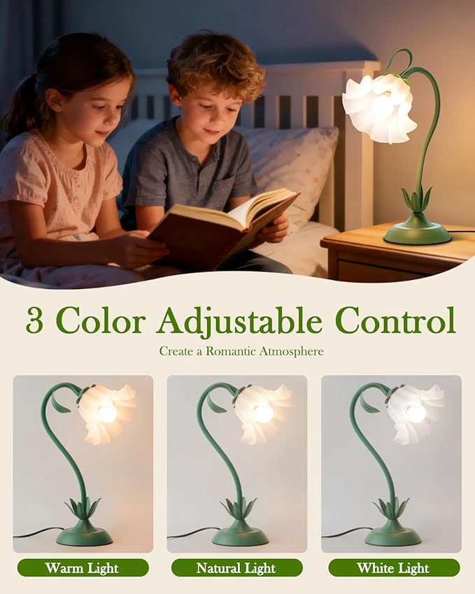 Flower Table Lamp, LED Reading Light Vintage Bedside Table Lamp with 3 Color Modes for Nightstand, Kawaii Decoration for Home Bedroom Living Room (Green)