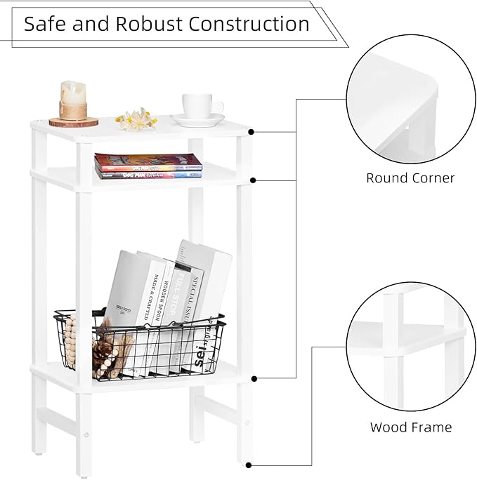 Side Table End Table Tall Night Stand 3-Tier for Living Room Bedroom Bathroom Office Furniture White