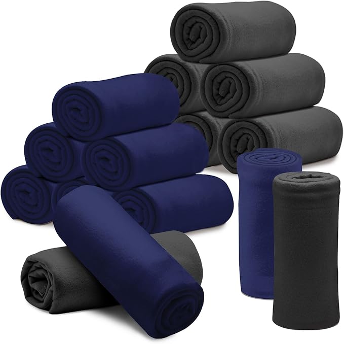 12PCS Fleece Throw Blankets Bulk 60 x 50 in Soft Blankets Fabric Warm Lightweight Wool Blanket Cozy Coverlet for Beds Sofas Home Wedding Season(Black + Blue)