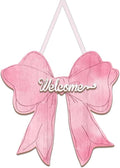 Pink Bow Decor Hanging Sign Cute Coquette Bow Decoration Double-sided Wooden Bowknot Welcome Door Sign for Preppy Room Wall Home Bedroom Fall Halloween Indoor Outdoor Porch