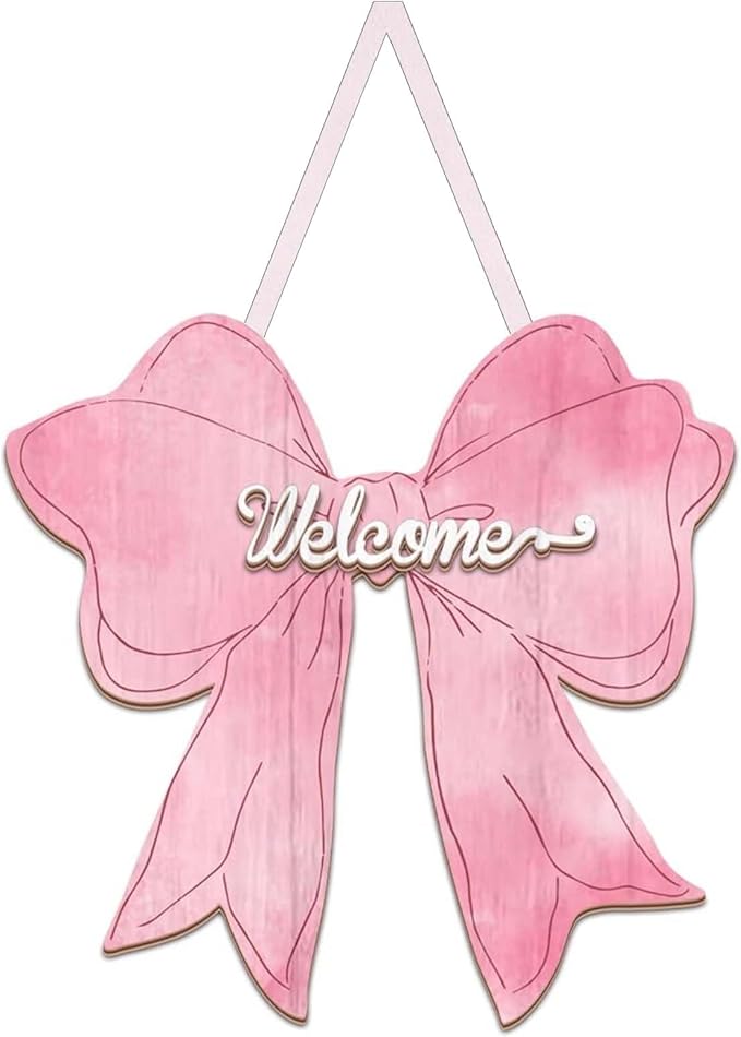 Pink Bow Decor Hanging Sign Cute Coquette Bow Decoration Double-sided Wooden Bowknot Welcome Door Sign for Preppy Room Wall Home Bedroom Fall Halloween Indoor Outdoor Porch