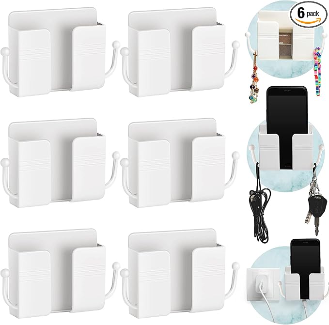 Jetec 6 Pcs Wall Mount Phone Holder Self-Adhesive Wall Beside Organizer Storage Box Plastic Charging Phone Stand Remote Brackets Holder for Bedroom(White)