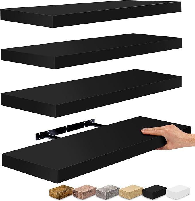 Sorbus Floating Shelves for Wall - 24" Bathroom Shelves, Wall Decor for Bedroom, Kitchen, Living Room, Home Decor & Book Storage - Mounted Floating Shelf with Invisible Brackets (Black, 4 Pack)
