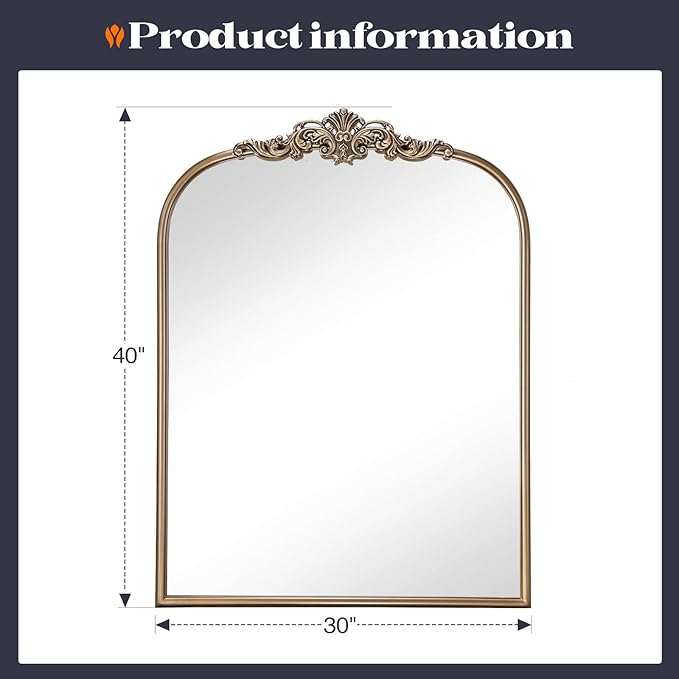 Gold Vintage Mirror, 30” x 40” Arched Gold Antique Mirror for Fireplace Mantel, Arch Baroque Brass Bathroom Mirrors for Wall with Ornate Metal Frame for Entryway, Bedroom, Living Room