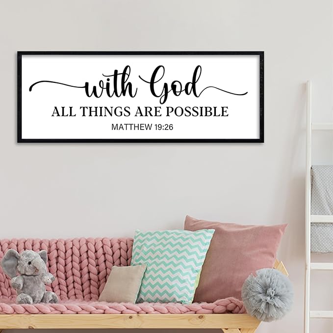 comurdyo With God All Things are Possible Wall Decor 40"X15" Matthew 19:26 Sign Bible Verse Large Wooden Framed Christian Scripture Prayer Wall Hanging Art (Black)