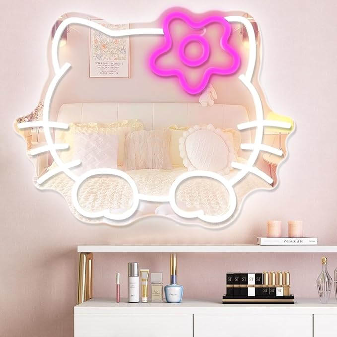 Anime Hello Kit Mirror Neon sign Dimmable Led Neon Mirror Sign for Dresser indoor Room Decor Cat Wall Neon Light Up Sign Bedroom Wall Gifts