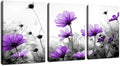 Flowers Wall Art Canvas Pictures Purple Wildflowers Black and White Background 3 Piece Canvas Art Blossom Contemporary Artwork for Home Decoration Office Kitchen Wall Decor 12"x 16" x 3 Panels