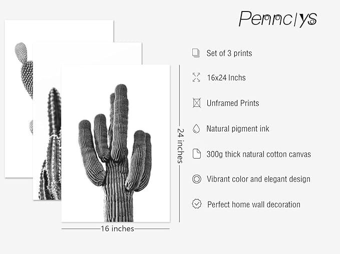 Black And White Cactus Canvas Wall Art Saguaro Cactus Pictures Wall Decor Black And White Artwork Painting Mexican Succulent Poster Prints for Living Room Bedroom Decor 16x24x3 Inch Unframed