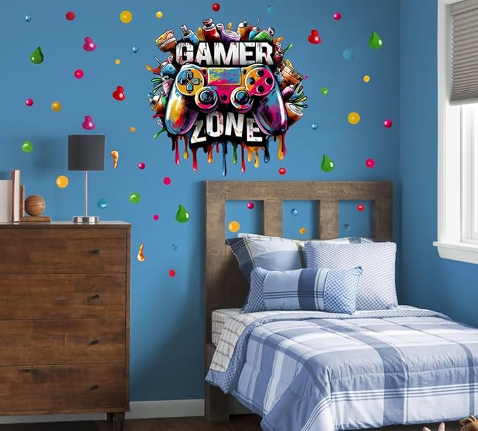 Large 3D Graffiti Gamer Zone Wall Decals (26.8”x26.4”), Watercolor Video Gaming Vinyl Wall Stickers for Game Lover, Removable Video Game Artwork for Boys Playroom Bedroom Decor