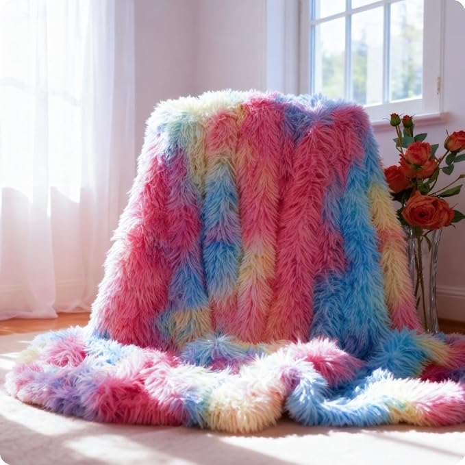 Plush Super Soft Blanket Bedding Sofa Cover Furry Fuzzy Fur Warm Throw Qulit Cozy Couch Blanket for Winter (63"x79",Dark Rainbow)