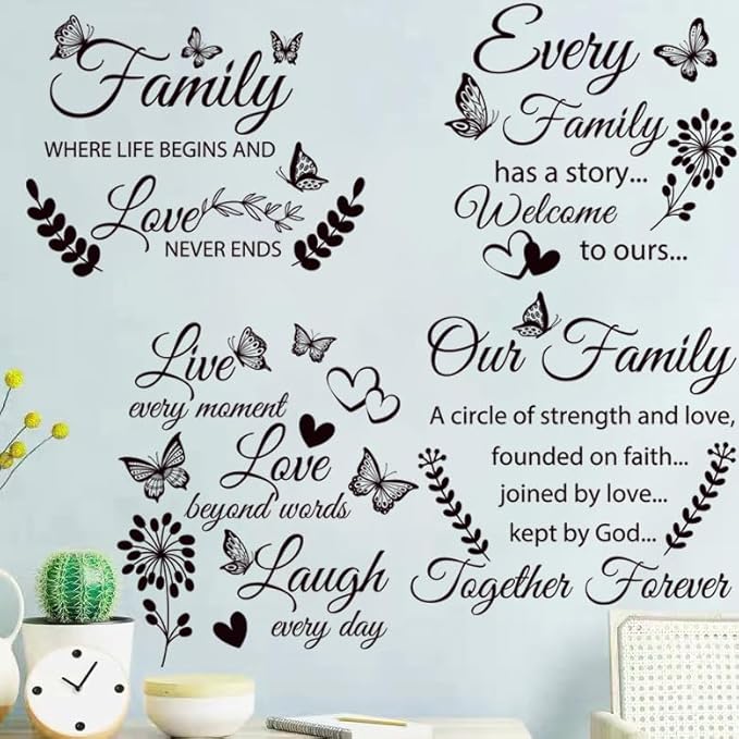 4 Set Family Stickers Vinyl Quote Decals Family Lettering Decals Inspirational Saying Stickers Wall Decor for Living Bedroom Wall Decorations