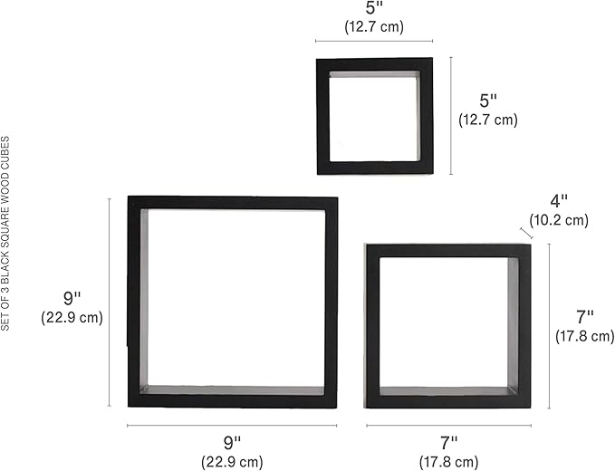 MELANNCO Floating Wall Square Cube Shelves for Bedroom, Living Room, Bathroom, Kitchen - Wood, Set of 3, Black
