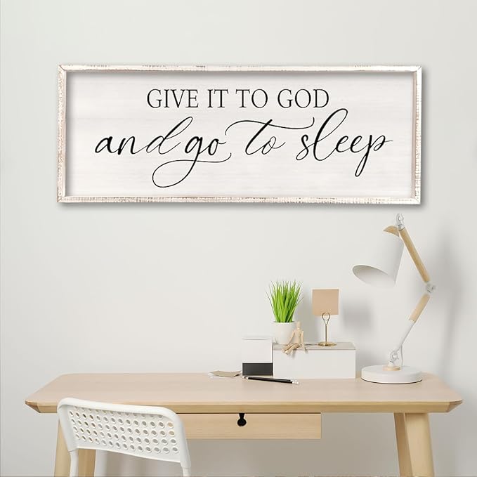 comurdyo Christ Religious Wall Decor Give It To God And Go To Sleep Sign 32"×12" for Christian Prayer Holy Modern Rustic Simple Master Bedroom Above Over Bed Wall Decor Plaque Hanging (White)