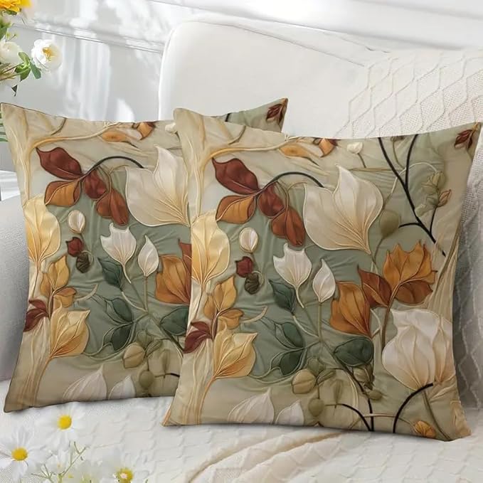 Decorative Throw Pillow Covers, Vintage Floral Pattern in Sage Green and Brown, 2 Pack Square Cushion Cases with Autumn Leaves Design，18x18 Pillows Linen Pillowcase